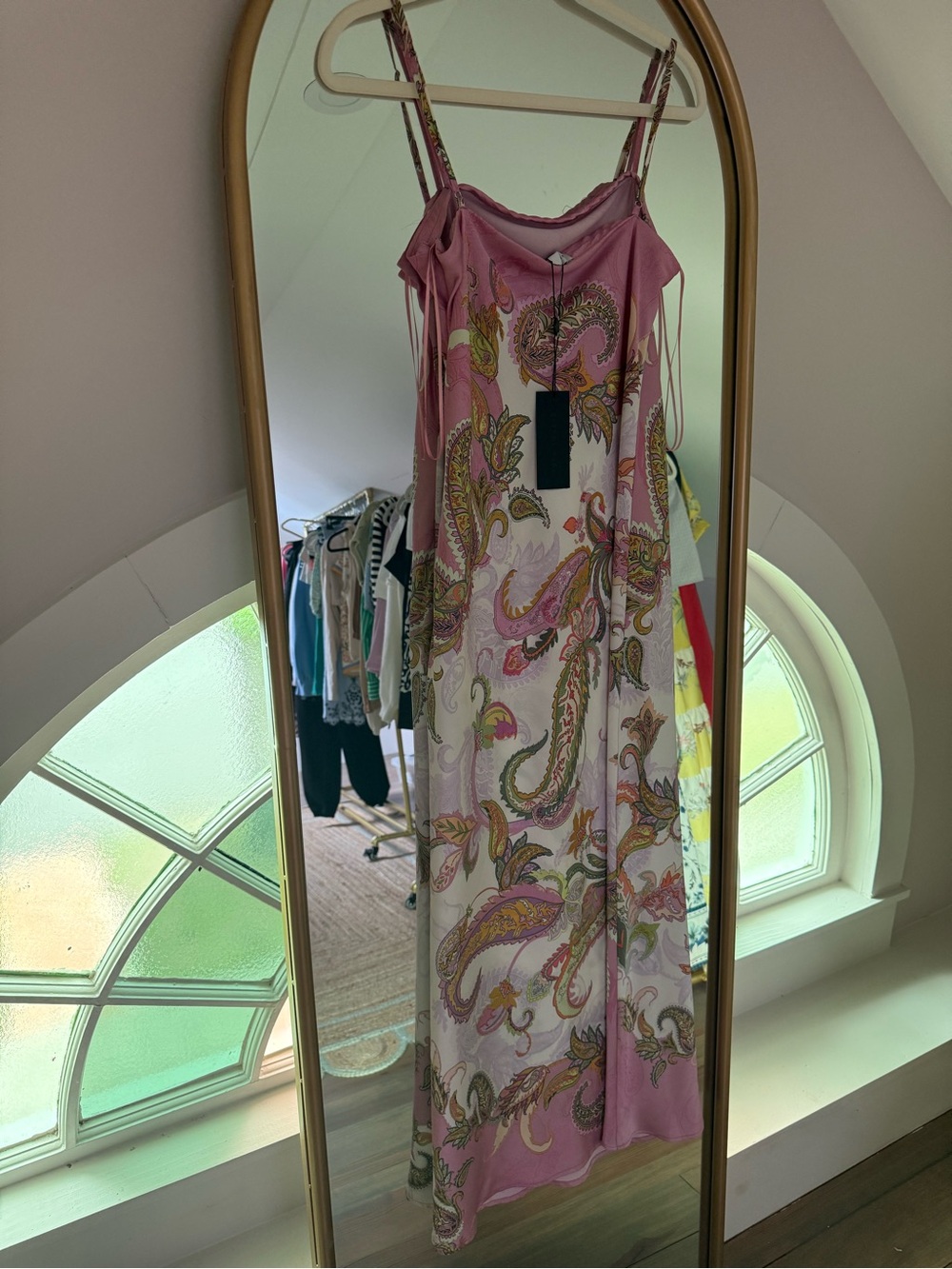 Gianni Bini Pink Paisley Slip Maxi Dress with Green & Gold Accents
